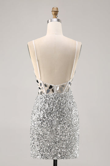 Corset Silver V Neck Bodycon Mirror Cocktail Dress